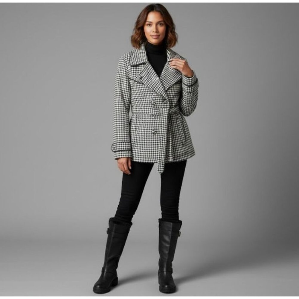 Beverly Hills Polo Club Houndstooth Belted Peacoat Jacket Women's Size Small